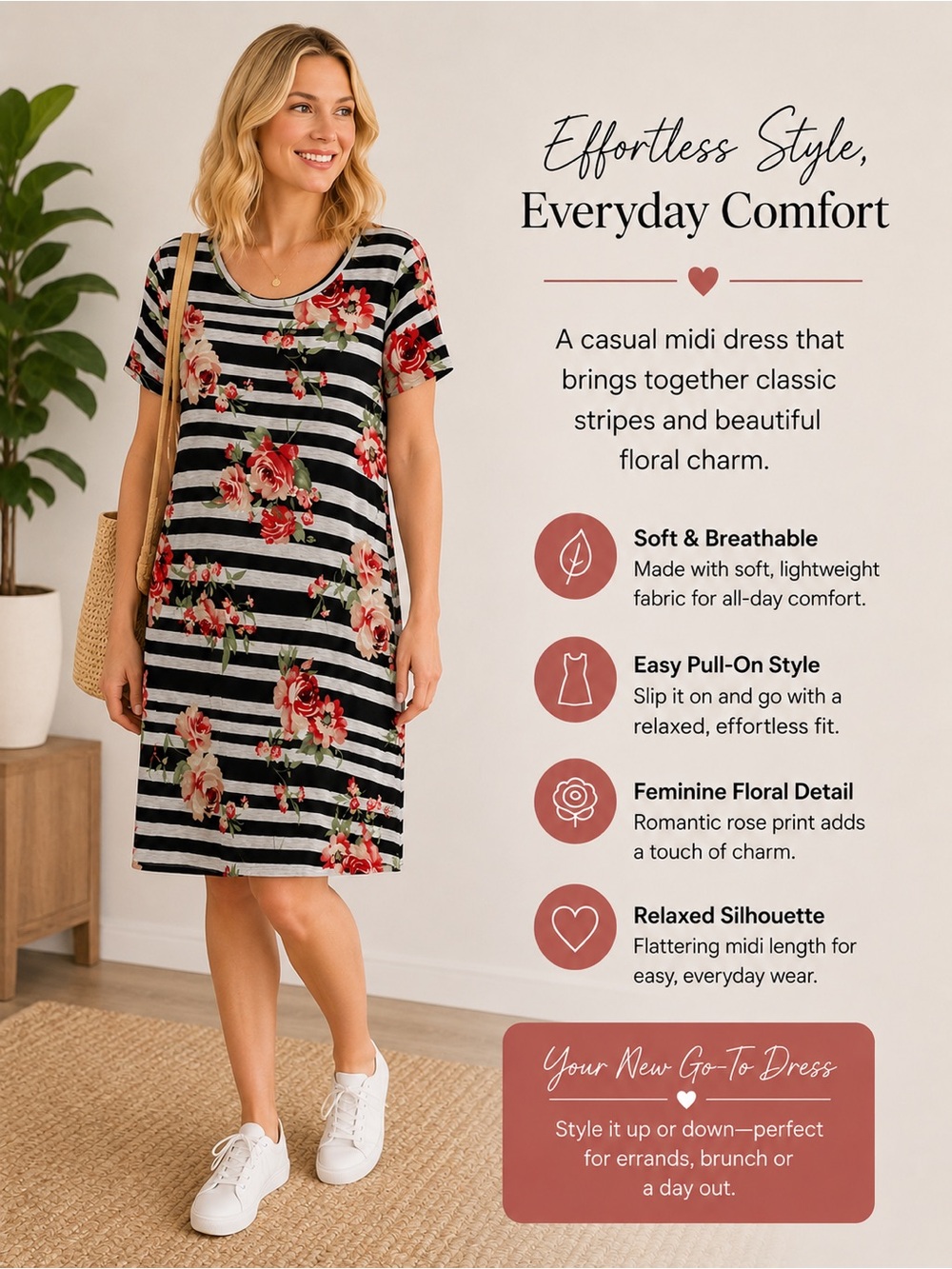 Floral Stripe Midi Dress - Black & White with Red Rose Print